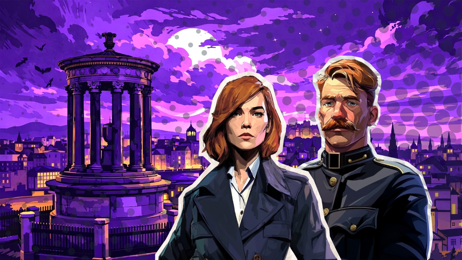 A stylised, graphic art-style image with a woman and man in the foreground and an Edinburgh skyline in the background, featuring a monument from Calton Hill, with a purple hue to match Urban Trail's brand colours 