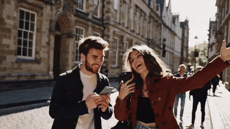 Animated scenes of groups of people laughing and enjoying an Urban Trails tour.