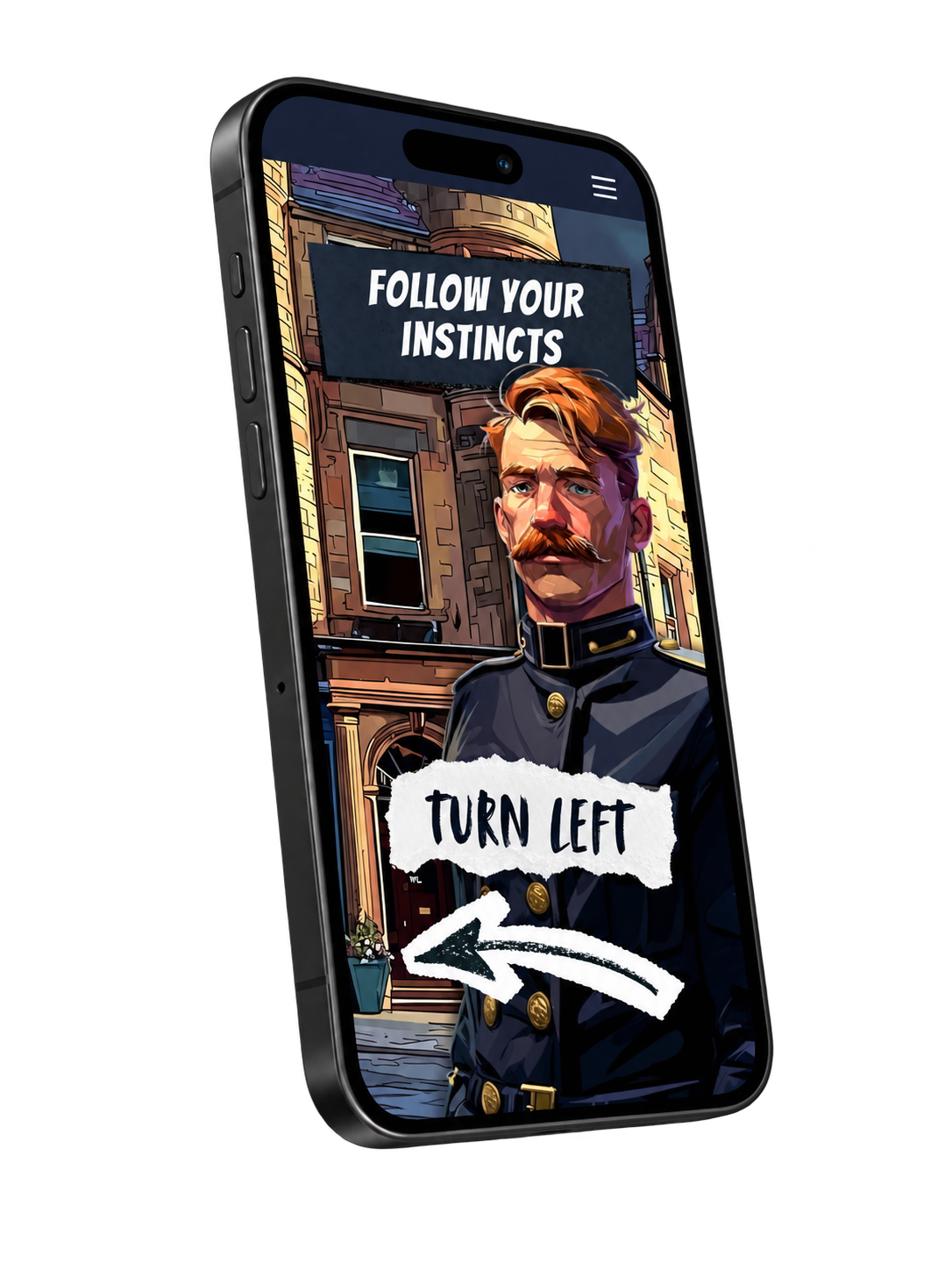 Urban Trails game screen presenting a choice to turn left.