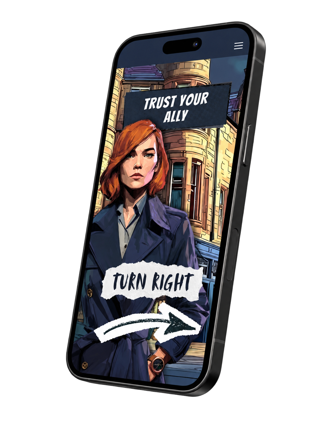 Urban Trails game screen presenting a choice to turn right.